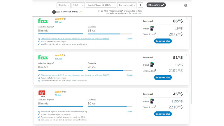 Le comparateur affiche tous les forfaits disponibles selon nos critères de recherches. Comparateur forfaits cellulaires