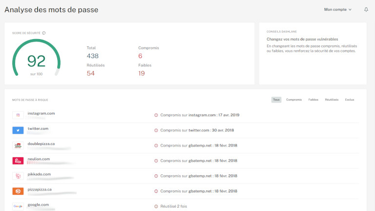 Dashlane analyse des mots de passe