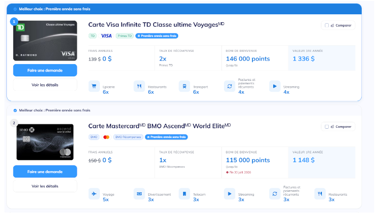Diverses cartes sont proposées, et on n'a qu'à cliquer sur « comparer » pour en savoir plus. comparer cartes crédit pour plus informations